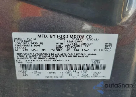 2013 Ford F150 Super Cab z USA, uszkodzony, nr VIN 1FTEX1CM9DFD94123